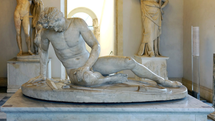 Dying Gaul, Roman marble copy (1st century B.C.E.) of a Greek sculpture (c. 220 B.C.E), found in Rome in the early 1600s, 93 x 89 x 186.5 cm (Musei Capitolini, Rome; photo: Steven Zucker, CC BY-NC-SA 2.0)