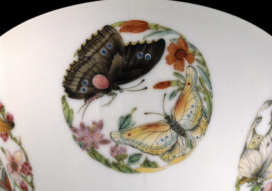 Butterfly medallion (detail), Famille rose butterfly bowl, c. 1723–35 (Qing dynasty, Yongzheng period, Jingdezhen, Jiangxi province, southern China), 6.86 cm high (© The Trustees of the British Museum, London)