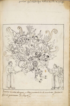 "Burning of Idols," drawn by an unidentified Indigenous artist, to accompany Diego Muñoz Camargo, Description of the City and Province of Tlaxcala, c. 1581–84 (Ms. Hunter 242, fol. 242r, Glasgow University Library, Scotland, CC BY-NC 4.0)