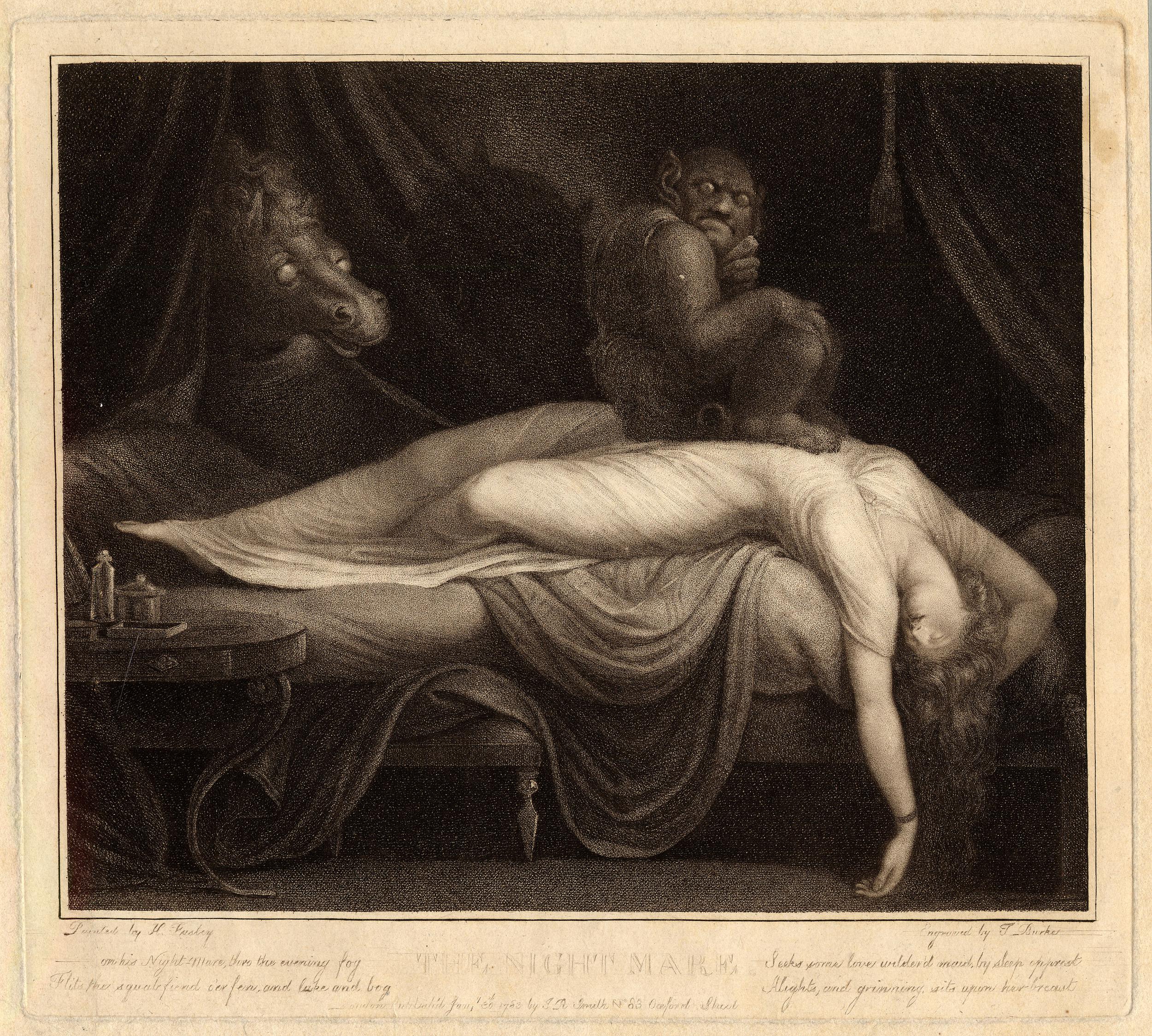 Thomas Burke, The nightmare after Fuseli, published in London by R. J. Smith, 1783, stipple engraving in sepia; plate mark 227 x 250 mm (British Museum)