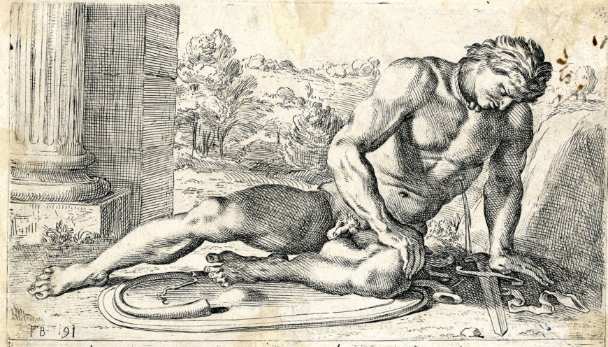 Perrier’s etching reimagines the statue as a human combatant with a bleeding chest wound. The pose is reversed in the print, but would have been correct on the original etching plate. François Perrier, from the series Segmenta nobilium signorum et statuarum, 1638, etching, 13.4 x 23.3 cm (© Trustees of the British Museum)