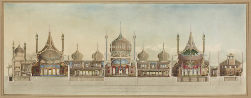 Illustration of the Royal Pavilion at Brighton from John Nash, Illustrations of Her Majesty's Palace at Brighton; formerly the Pavilion, J. B. Nichols and Son, London, published 1838, etching, aquatint, and hand-coloring, 33.3 x 87 cm (© The Trustees of the British Museum, London)