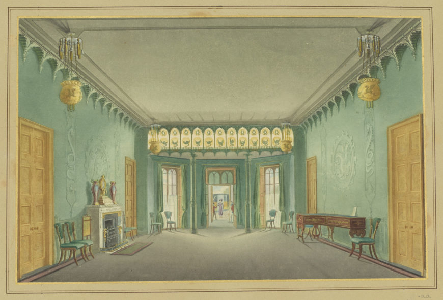 John Nash, “Entrance Hall,” Illustrations of Her Majesty's Palace at Brighton; formerly the Pavilion, J. B. Nichols and Son, London, published 1838, etching, aquatint and hand-coloring (Royal Collection Trust, London)