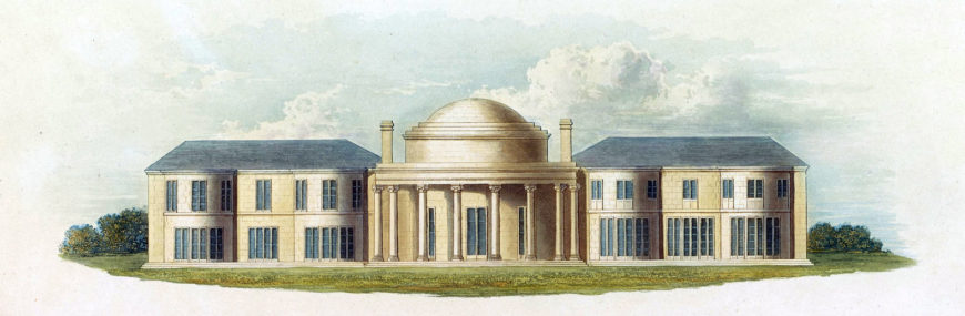 Illustration of Henry Holland's Brighton Marine Pavilion of 1786–87, from John Nash, Illustrations of Her Majesty's Palace at Brighton; formerly the Pavilion, J. B. Nichols and Son, London, published 1838, etching and hand-coloring (Royal Collection Trust, London)