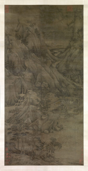 Attributed to Dong Yuan (active 930s-60s), Riverbank, hanging scroll, ink and color on silk, 220.3 × 109.2 cm (The Metropolitan Museum of Art)