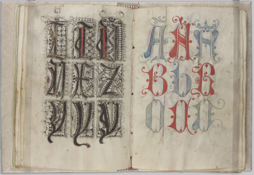 Gregorius Bock, Medieval Scribal Pattern Book, c. 1510–17 (Beinecke Library, Yale, MS 439, folios 30 verso–31 recto)