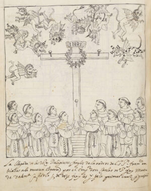 "The first twelve Franciscans," drawn by an unidentified Indigenous artist, to accompany Diego Muñoz Camargo, Description of the City and Province of Tlaxcala, c. 1581–84 (Ms. Hunter 242. Glasgow University Library, Scotland, CC BY-NC 4.0)