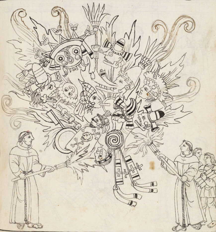 "Burning of Idols," drawn by an unidentified Indigenous artist, to accompany Diego Muñoz Camargo, Description of the City and Province of Tlaxcala, c. 1581–84 (Ms. Hunter 242, fol. 242r, Glasgow University Library, Scotland, CC BY-NC 4.0)
