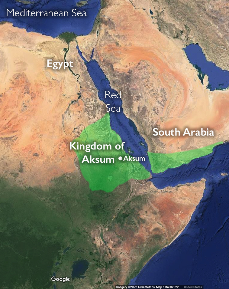 Approximate extent of the Kingdom of Aksum, 6th century (underlying map © Google)
