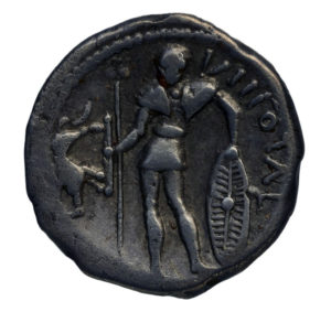 Celtic coin with the name Viipotal and an image of a Celtic warrior on the back (shown here), 50s B.C.E., silver, 1.5 cm diameter, possibly minted by the Pictones people of Poitiers, France (Bibliothèque Nationale, Cabinet des Médailles, Paris). This coin dates to the era of the Roman invasion led by Julius Caesar