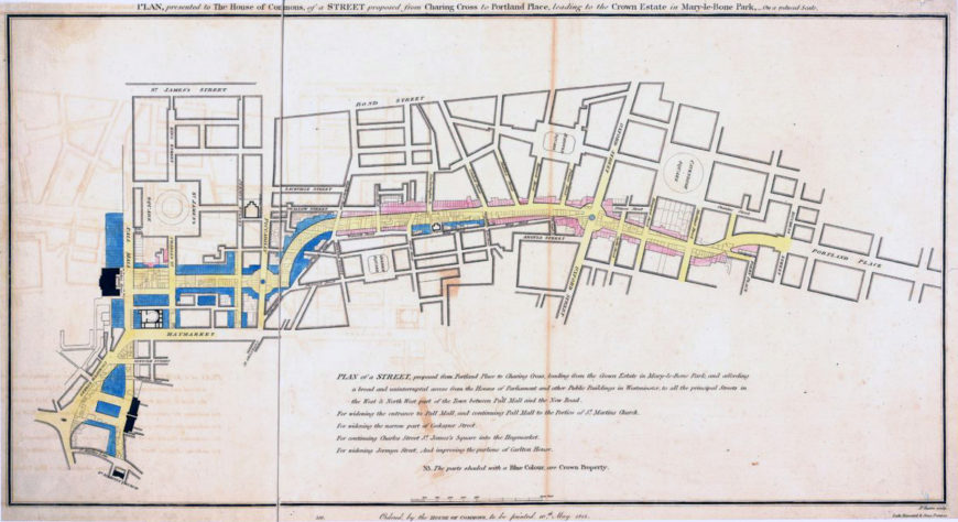 John Nash, "Plan presented to the House of Commons, of a street proposed from Charing Cross to Portland Place, leading to the Crown Estate in Mary-le-Bone Park to Portland Place," 1813 (The British Library, London)