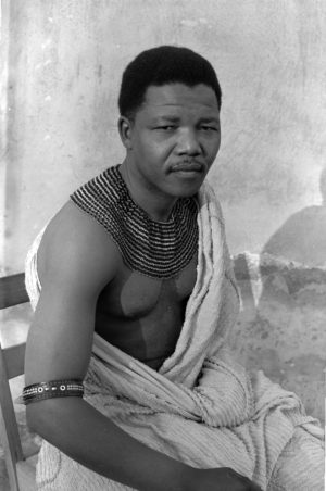 Nelson Mandela wearing a Xhosa beaded collar, 1962, photo by Eli Weinberg