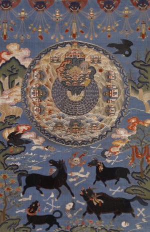Cosmic Mount Meru (detail), 18th century, East Tibet or China, appliqué and embroidery with silk, 115.6 x 70.5 cm (The Walters Art Museum, Baltimore)