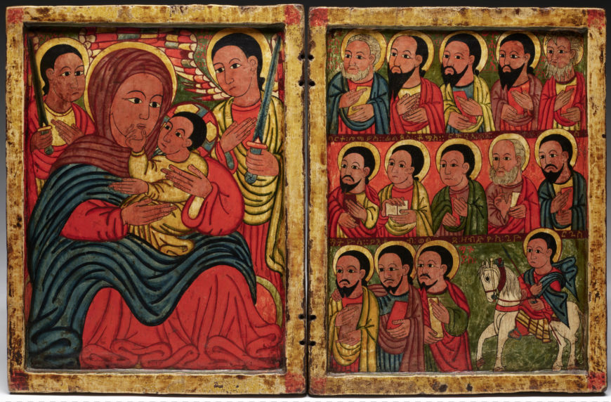 Diptych with Mary and Her Son Flanked by Archangels, Apostles and a Saint, 15th century, tempera on wood, left panel: 25.4 x 19.05 x 1.91 cm, Ethiopia (The Walters Art Museum)