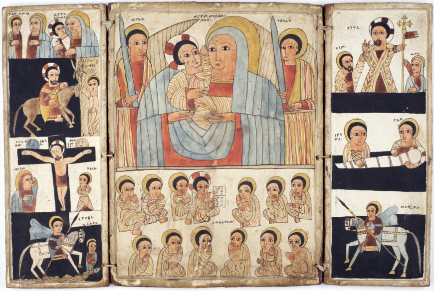 Triptych with Mary and Her Son, Archangels, Scenes from Life of Christ and Saints, early 16th century, tempera on wood, 26.7 x 20 x 2.65 cm, Ethiopia (The Walters Art Museum)
