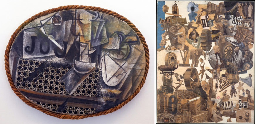 Left: Pablo Picasso, Still-Life with Chair Caning, 1912, oil, oilcloth and pasted paper on canvas with rope frame, 27 x 35 cm (Musée Picasso, Paris; photo: Steven Zucker, CC BY-NC-SA 2.0); right: Hannah Höch, Cut with the Kitchen Knife Dada Through the Last Weimar Beer-Belly Cultural Epoch of Germany, 1919–20, collage, mixed media, 90 x 144 cm (Neue Nationalgalerie, Berlin)
