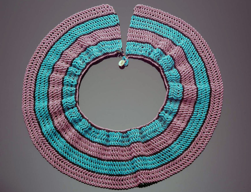 Beaded collar (ingqosha), early to mid-20th century, unidentified Xhosa artist, South Africa, glass beads, buttons, string; 3 ½ x 12 ¼ inches (Museum of Fine Arts, Boston)