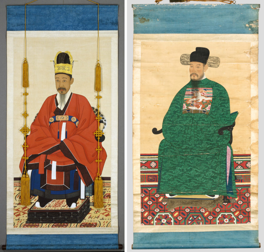 Comparison between Portrait of Yi Haeung and a mid-Joseon gongsin portrait. Left: Portrait of Yi Haeung, c. 1869 (Joseon), silk hanging scroll, 168.5 x 77 cm (with mounting), Treasure 1499-2 (National Museum of Korea); right: Portrait of Heo Seon, c. 17th century (Joseon), silk hanging scroll, 173 x 102.8 cm (National Museum of Korea)
