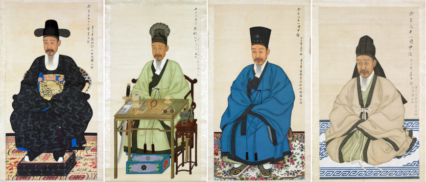 Versions of Portrait of Yi Haeung (from left to right, dimensions include mounting): “Heukdallyeongpo” Version (黑團領袍本), 170.2 x 77.1 cm; “Waryonggwan Hakchangui” Version (臥龍冠鶴氅衣本), 169.9 x 77.4 cm; “Heukgeon Cheongpo” Version (黑巾靑袍本), 170.5 x 75 cm; and “Bokgeon Simui” Version (幅巾深衣本), 153.2 x 75.7 cm. Treasure 1499-1 (Seoul Museum of History)