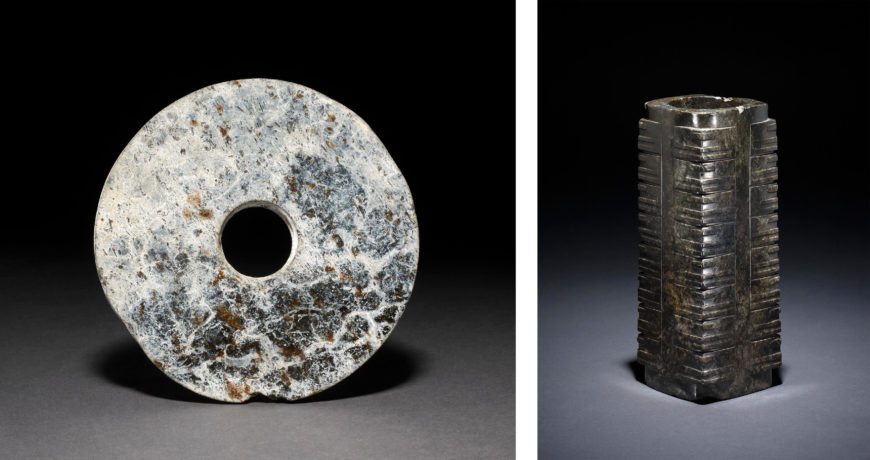 Left: Bi, c. 2500 B.C.E., Liangzhu culture, Neolithic period, China, jade and nephrite, 19.1 cm (The British Museum); right: Cong, c. 2500 B.C.E., Liangzhu culture, Neolithic period, China, nephrite, 20.5 cm high (The British Museum)