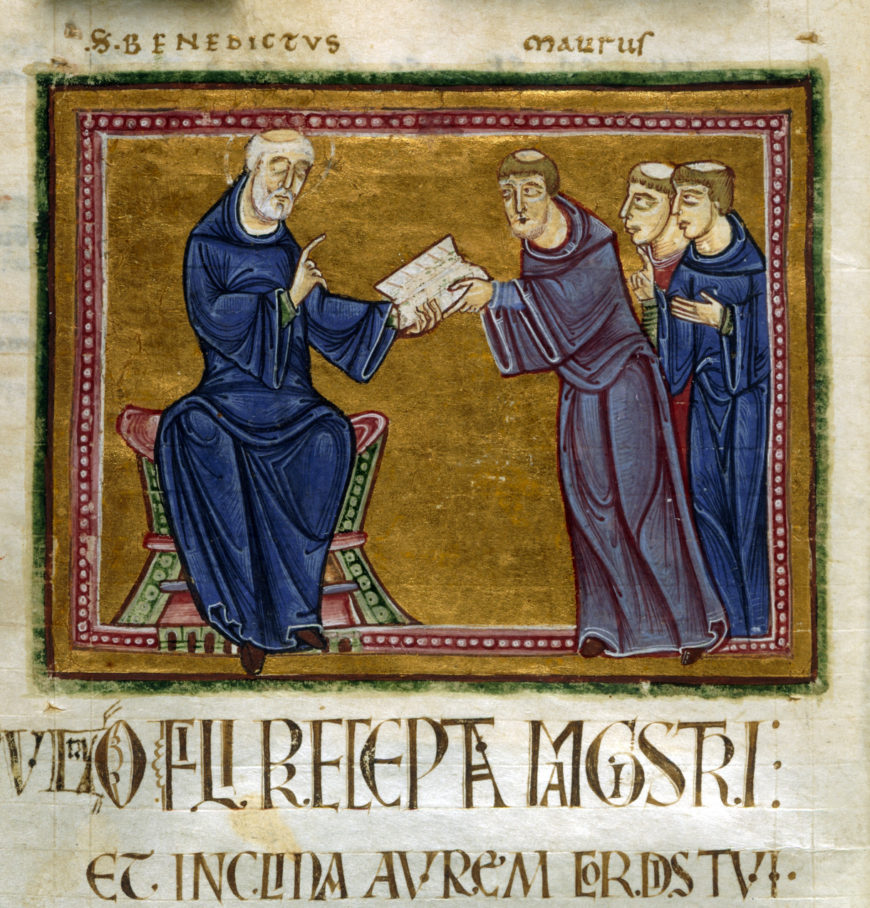 Illumination with St. Benedict delivering his Rule to St. Maurus, 1129, Monastery of St. Gilles, Nimes (British Library, London, Additional 16979, f. 21v)