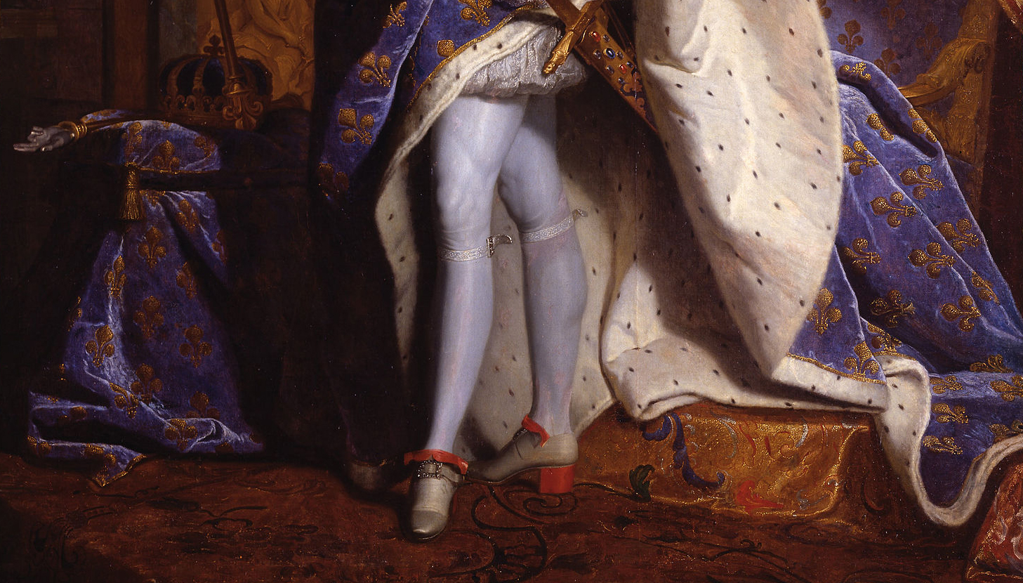 The king’s legs (detail), Hyacinthe Rigaud, Louis XIV, 1701, oil on canvas, 27.7 x 33.95 cm (Musée du Louvre, Paris)