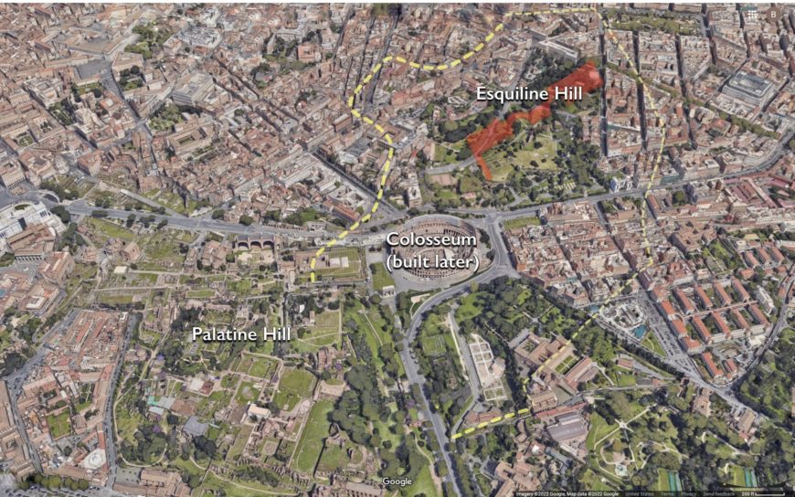 Location of the Esquiline wing excavations indicated in red within some of the areas of the Domus Aurea, Rome. The palace also extended onto the Palatine Hill, but the exact borders are unknown.