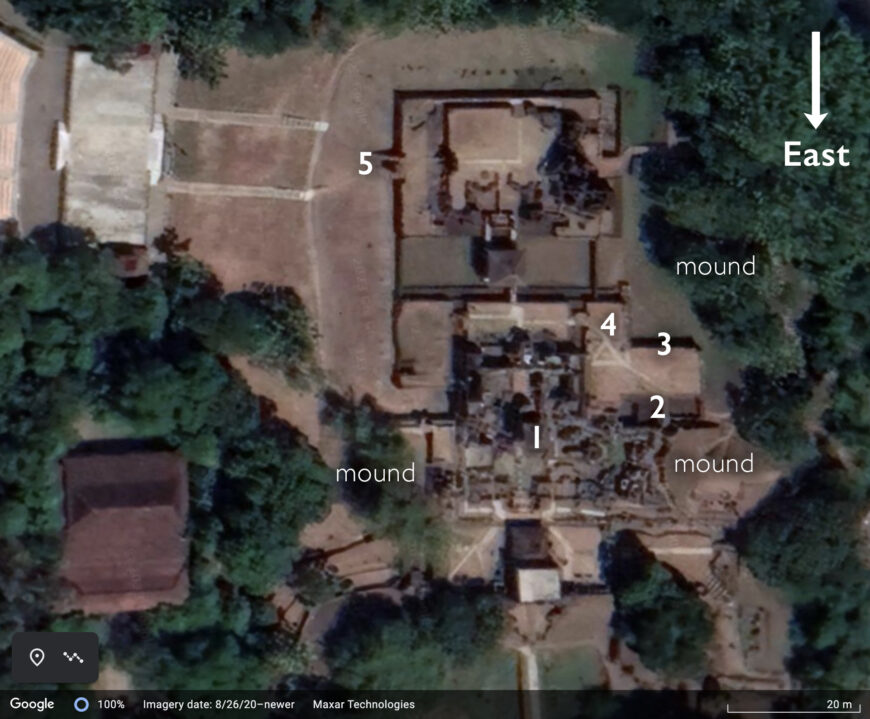 Aerial view of Sunyaragi with several features noted by numbers: 1. is the main structure with a roof on top; 2. the Chinese Tomb; 3. the gaurda figure; 4. the elephant figure; 5. the split gateway entrance in the southwest corner (underlying map © Google)