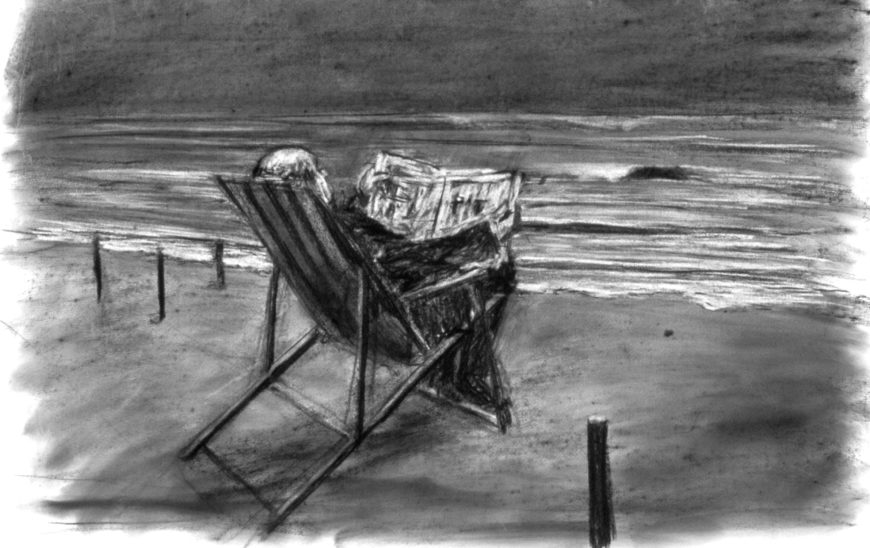 William Kentridge, Drawing from Tide Table (Soho in Deck Chair), 2003, charcoal on paper, 81.28 x 121.92 cm (courtesy Marian Goodman Gallery, NYC) © William Kentridge