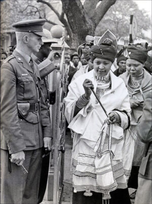 Winnie Mandela, dressed in Xhosa traditional dress, at Nelson Mandela's trial
