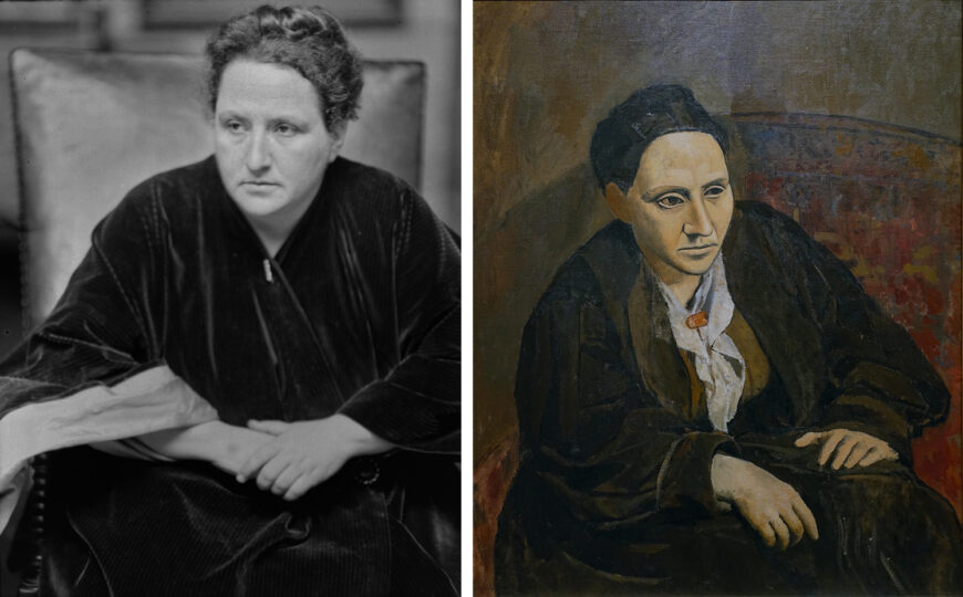 Left: Alvin Langdon Coburne, Photograph of Gertrude Stein, 1913 (George Eastman House Collection); Right: Pablo Picasso, Portrait of Gertrude Stein, 1905–06, oil on canvas, 100 x 81.3 cm (The Metropolitan Museum of Art, New York; photo: Steven Zucker, CC BY-NC-SA 2.0)