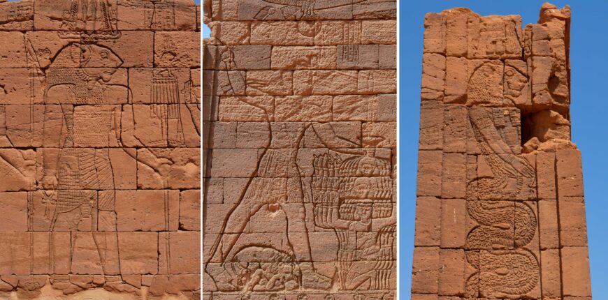 Three depictions of Apedemak, Pylon of the Nubian Lion Temple at Naga, Sudan, c. 1–20 C.E. (Photo: Stuart Tyson Smith, CC BY-SA 4.0)