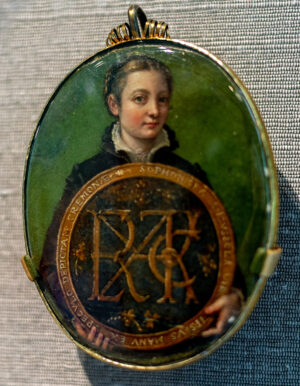 Sofonisba Anguissola, Self-Portrait, c. 1556, varnished watercolor on parchment, 8.3 x 6.4 cm (Museum of Fine Arts, Boston; photo: Steven Zucker, CC BY-NC-SA 2.0). The medallion is inscribed in Latin: “The maiden Sofonisba Anguissola, depicted by her own hand, from a mirror, at Cremona.”