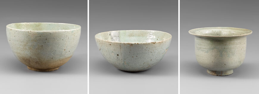 Left: white porcelain bowl #3, 1391 (Goryeo Dynasty), 13.6 cm high, Treasure 1925 (National Museum of Korea); center: white porcelain bowl #4, 1391 (Goryeo Dynasty), 9.8 cm high, Treasure 1925 (National Museum of Korea); right: white porcelain incense burner, 1391 (Goryeo Dynasty), 12.3 cm high, Treasure 1925 (National Museum of Korea)