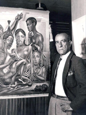 Colson with a painting from his Haitian Series, 1958