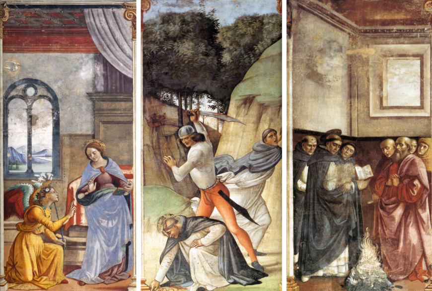 Left: Domenico Ghirlandaio, Annunciation, c. 1485–90, fresco (Cappella Maggiore, Santa Maria Novella, Florence); middle: Domenico Ghirlandaio, Death of Peter Martyr, c. 1486–90, fresco (Cappella Maggiore, Santa Maria Novella, Florence); right: Domenico Ghirlandaio, Saint Dominic Tests Books in Fire, fresco, c. 1485–90 (Cappella Maggiore, Santa Maria Novella, Florence)