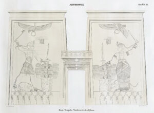 Print showing details of the pylon of the Lion Temple at Naga, Sudan, from Ricahrd Lepsius, Aethiopen. Naga [Naqa]. Tempel a. Vorderseite des Pylons.,  (Berlin: Nicolaische Buchhandlung, 1849–56) (The New York Public Library)