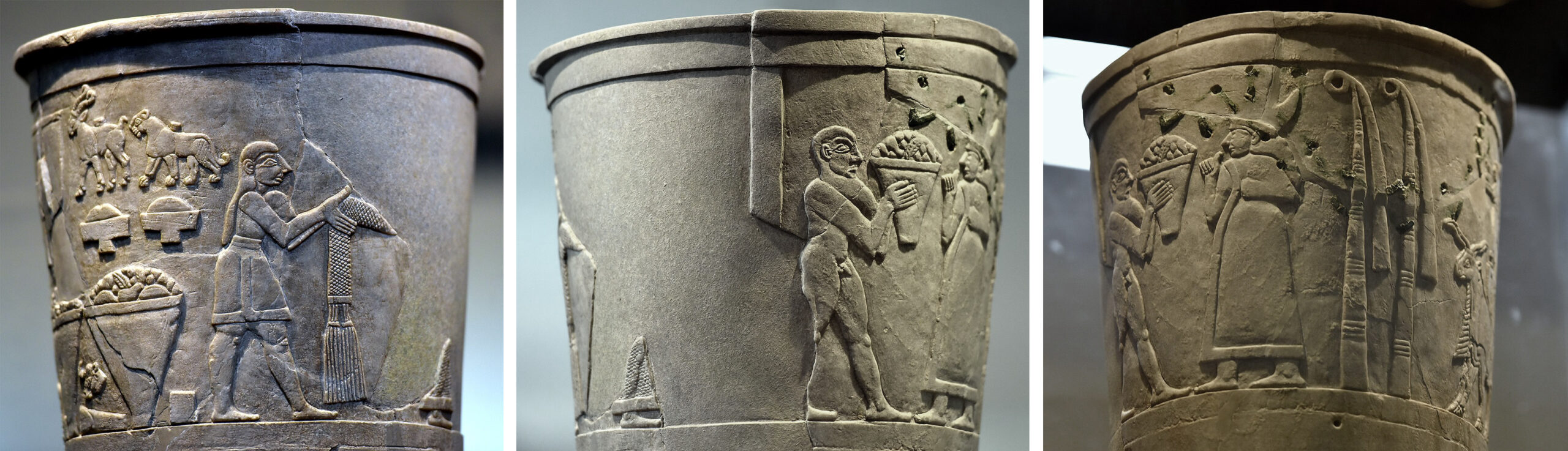 Top band (details), Warka (Uruk) Vase, Uruk, Late Uruk period, c. 3500–3000 B.C.E., 105 cm high (National Museum of Iraq; photo: Osama Shukir Muhammed Amin FRCP(Glasg), CC BY-SA 4.0)