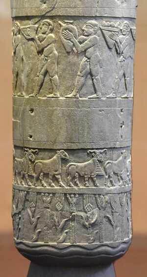 Bottom bands (detail), Warka (Uruk) Vase, Uruk, Late Uruk period, c. 3500–3000 B.C.E., 105 cm high (National Museum of Iraq; photo: Osama Shukir Muhammed Amin FRCP(Glasg), CC BY-SA 4.0)