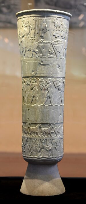 Warka (Uruk) Vase, Uruk, Late Uruk period, c. 3500–3000 B.C.E., 105 cm high (National Museum of Iraq; photo: Osama Shukir Muhammed Amin FRCP(Glasg), CC BY-SA 4.0)