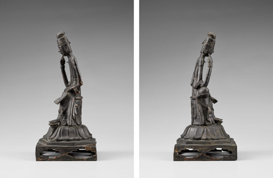 Pensive Bodhisattva (from either side), Three Kingdoms Period, Korea, gilt-bronze, 28.2 cm high (The National Museum of Korea, Treasure 331)