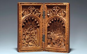 Diptych with the Nativity and the Mass of Saint Gregory, Netherlandish, early 16th century, boxwood, open: 8.3 x 8.9 x 1.5 cm (The Metropolitan Museum of Art)