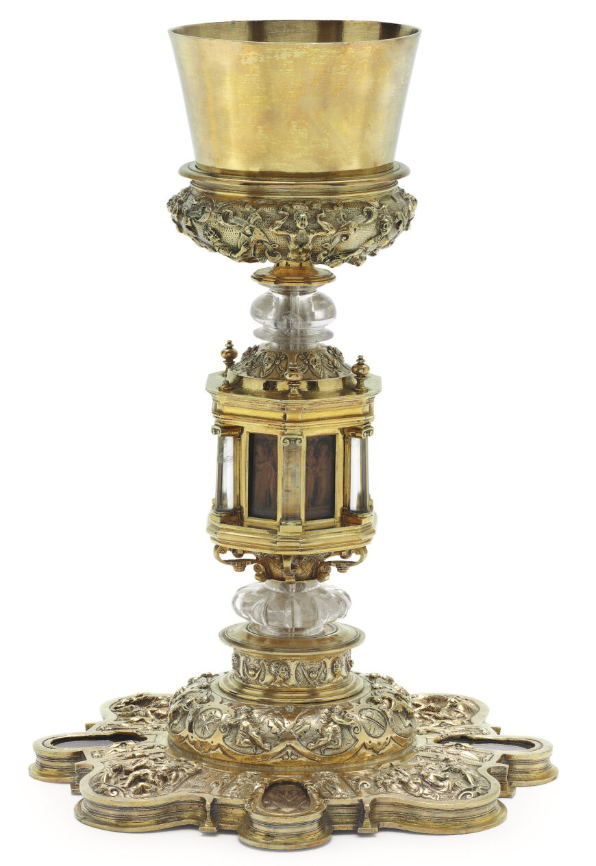 Chalice ("Hearst Chalice"), unidentified artists, 1575–78, silver gilt, rock crystal, wood, and feathers, made in Mexico City, 33 cm high, 22.9 cm diameter (LACMA)