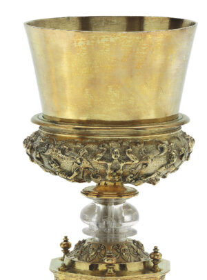 Chalice ("Hearst Chalice"), unidentified artists, 1575–78, silver gilt, rock crystal, wood, and feathers, made in Mexico City, 33 cm high, 22.9 cm diameter (LACMA)