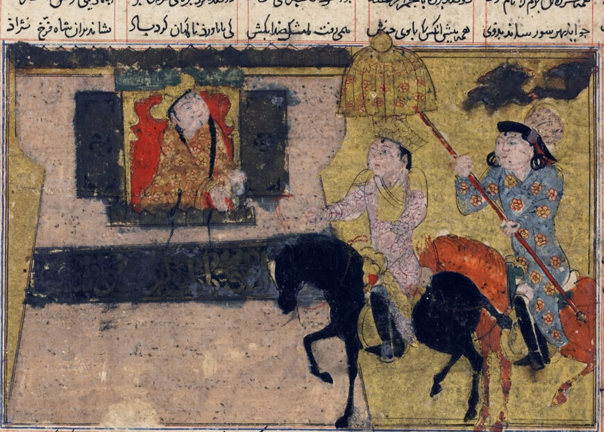Detail of Khusraw Parviz before Shirin from a Shahnama (Book of Kings), early 14th century, ink, opaque watercolor, gold and silver on paper (Freer Gallery of Art, Smithsonian Institution, Washington, D.C.)