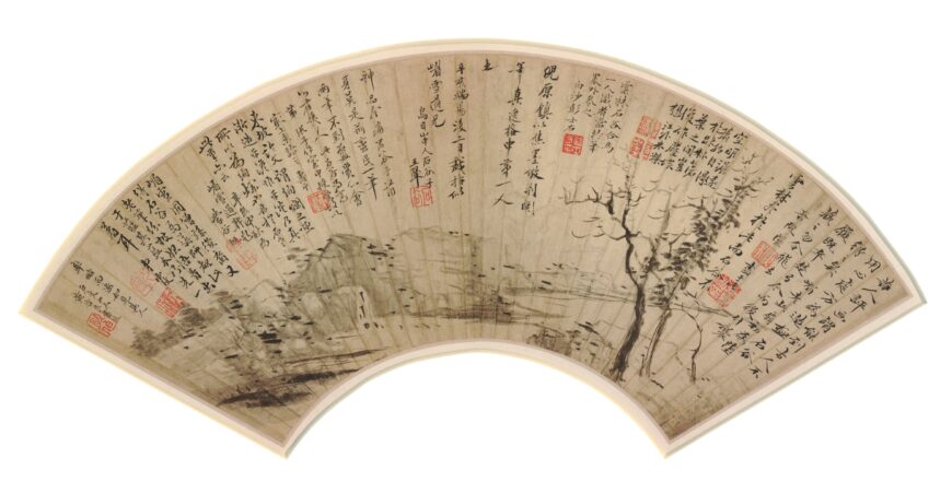 Wang Hui 王翬, Landscape in the style of Ni Zan, fan, 1671, Qing dynasty, paint on paper, China, 48.5 cm (© The Trustees of the British Museum)