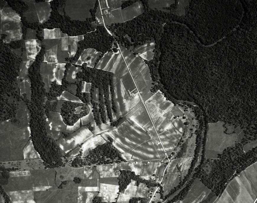 Aerial photograph of the six ridges at Poverty Point, Louisiana, c. 1500 B.C.E., six semicircular earthworks, originally six feet high and three-quarters of a mile long (photo: Edgar Tobin Aerial Surveys, courtesy of P2 Energy Solutions, Tobin Aerial Archive, 1938)