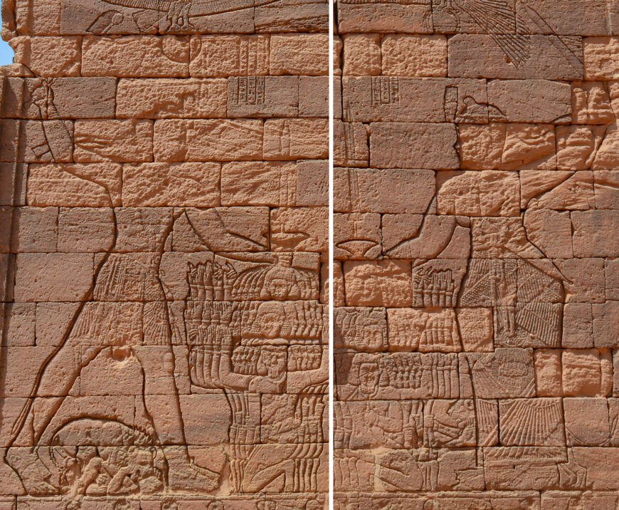 King Natakamani (left) and on Queen Amanitore (right) in the act of smiting, details from the Pylon of the Nubian Lion Temple at Naga, Sudan, c. 1–20 C.E. (Photo: Stuart Tyson Smith, CC BY-SA 4.0)