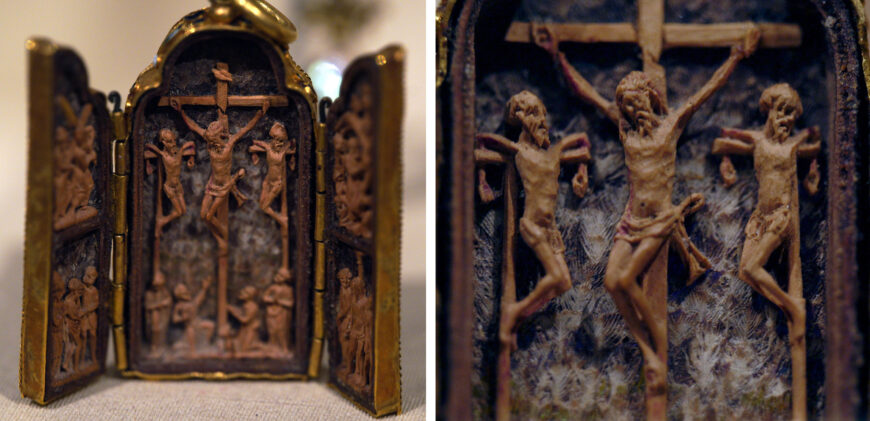 Another example of a boxwood microcarving made in New Spain that still has visible traces of feathers. Pendant triptych with scenes of the Passion (left) with a detail of the Crucifixion with visible traces of feathers in the background (right), 16th century, boxwood, feathers, gold, enamel, 4.4 x 4.4 cm (The Metropolitan Museum of Art; photo: Steven Zucker, CC BY-NC-SA 2.0)