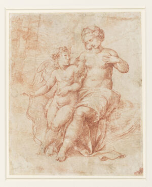 This corresponds to a fresco in the Stufetta. Attributed to Giulio Romano, Venus and Cupid, red chalk over stylus underdrawing, 21.1 x 17.2 cm (Royal Collection Trust)